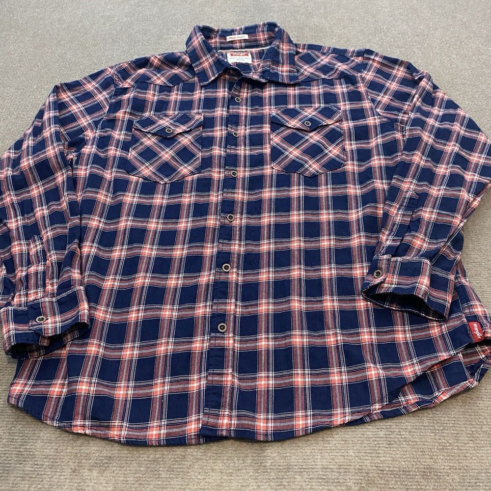 Wrangler Western Shirt Men's Size XXL Blue Plaid Long Sleeve Cowboy Flex Comfort